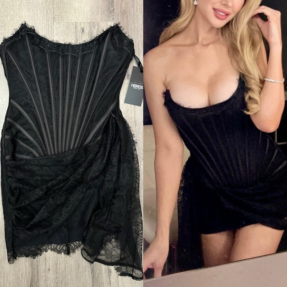NWT HEIRESS BLACK LACE MESH CORSET DRAPE MINI DRESS